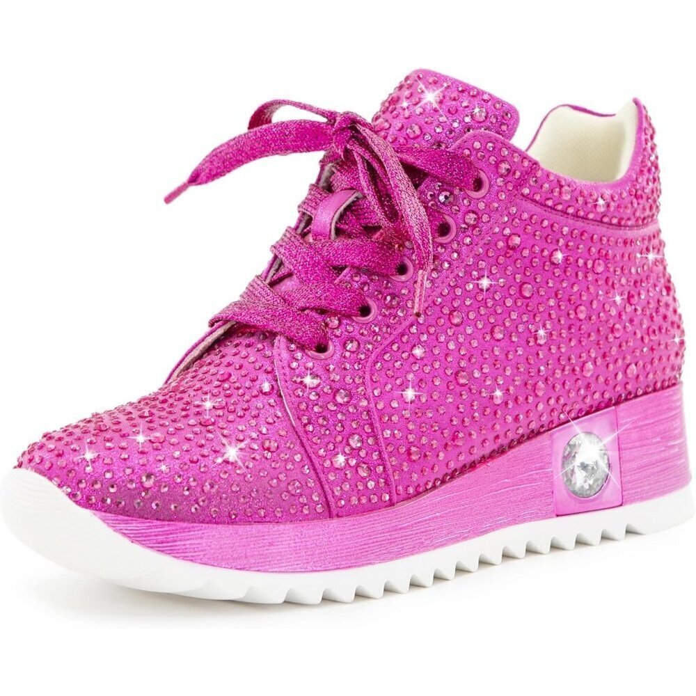 Women's Pink Glitter Trendy Sequin Rhinestone High Top Sneakers Wedge Shoes